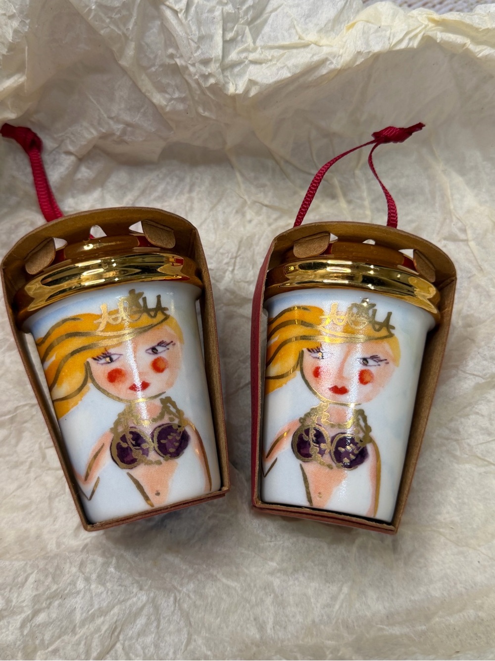 Set of 2 Starbucks 2015 Siren Mermaid Mini Cup Ceramic Ornaments NWT